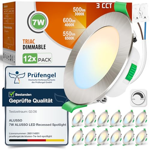 ALUSSO 3CCT LED Einbaustrahler 230V Dimmbar 7W IP44, Loch 67-75MM, 12er Set | Spots Deckenleuchte 3000K 4000K 6500K Wählbar, Deckenspots Einbauleuchten Einbauspots LED für Badezimmer Küche, Rund Nickel