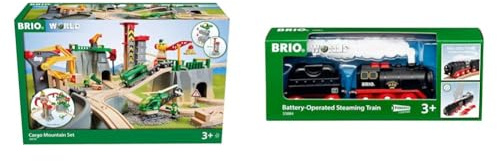 BRIO World 36010 Gebirgs-Frachten Set Deluxe - Eisenbahn-Spaß auf Mehreren Ebenen & World 33884 Batterie-Dampflok mit Wassertank