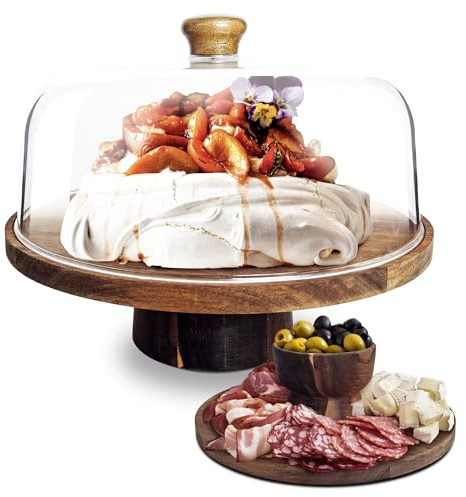 NWK 3-in-1 Cake Stand with Lid Rustic Acacia Wooden Cake Plate with Pedestal, Food serving Platter, Cheese Board, Acrylic Cover Shatterproof