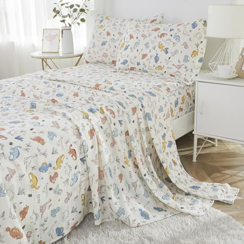 Brandream Juego de sábanas para niños, tamaño individual, 100 % muselina, 3 piezas, estampado de dinosaurios, juego de funda de almohada ultra suave y transpirable (crema)