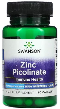 Swanson - Zinc Picolinate | 22 mg para Sistema Inmunológico y Protección Antioxidante | Alta Absorción para el Bienestar Diario - 60 Cápsulas