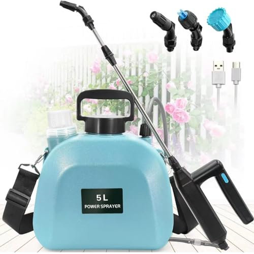 Battery Garden Sprayer 5L, Upgraded Durable Electric with 3 Nozzles, USB Rechargeable Handle and Retractable Wand, Fertiliser, For Weeds & Water Adjustable Shoulder Straps