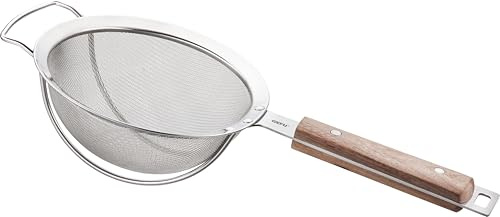 GEFU Sieb PASSO Ø 16 cm - Küchensieb mit Walnussholzgriff und Edelstahl | Feinmaschiges Abseiher mit verstärktem Edelstahlgewebe, ergonomischer Holzgriff, Aufhängeöse & stabiler Bügel für Pasta