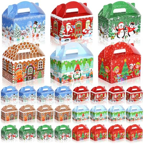 Dunzoom 24 scatole regalo di Natale per feste di Natale, casa di pan di zenzero, scatole regalo in cartone con pupazzo di neve, fiocchi di neve, caramelle, caramelle, biscotti, sacchetti con manici,