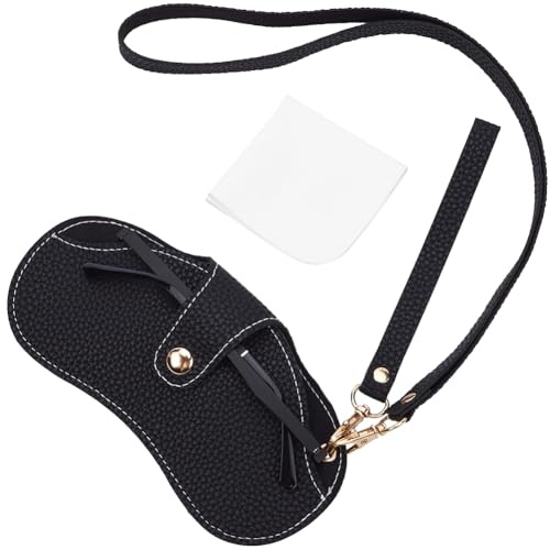 CREATCABIN 1 Set Sonnenbrillenetui Aus Leder Weiches Brillenetui Brillenschutztasche Tragbares Quetschset Mit Handschlaufe Gürtelclip Band Für Männer Und Frauen Vacation Beach 18.5x10cm Schwarz