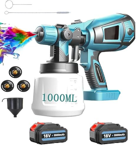 Akku Farbsprühsystem, Ersatz für Makita，mit 2x5500mAh Akku und Ladegerät, Lackierpistole zum Streichen von Wänden, Decken, Möbel, Gartenzaun, Sprühgerät 1000ml Abnehmbarer Behälter
