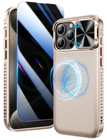 Doeshine for iPhone 16 Pro Max Case with Privacy Screen Protector and Slide Camera Cover, Military-Grade Drop Protection Rugged Hard Magnetic Phone Case Cover for iPhone 16 Pro Max 5G 2024 (Gold)