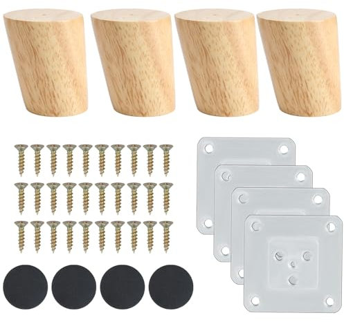 Luabue Lot de 4 Pieds de Meuble en Bois 6 cm avec Plaque de Montage, Vis et Tapis Antidérapant - Pieds Inclinés pour Canapé, Lit, Armoire, Tables et Chaises