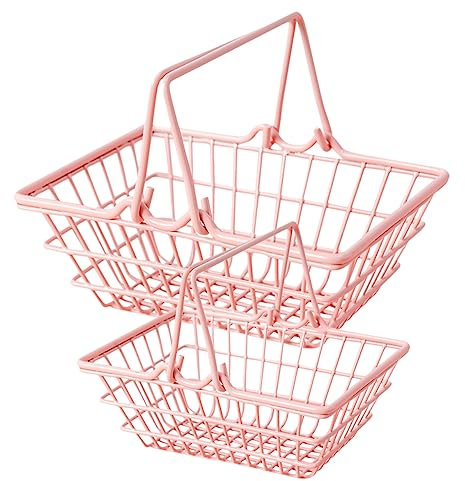 Vaguelly Pink Storage Baskets Metal Handles Small Shopping Baskets for Kitchen Bathroom Bedroom Wicker Containers