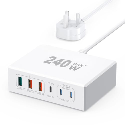 USB Charger Station, USB Charger Hub 240W GaN III 6 Port Charger Block, PD 100W Laptop Charger Power Adapter Compatible with MacBook Pro/Air,Steam Deck,Dell XPS,iPhone 17 16 15 14,Samsung S24 S23