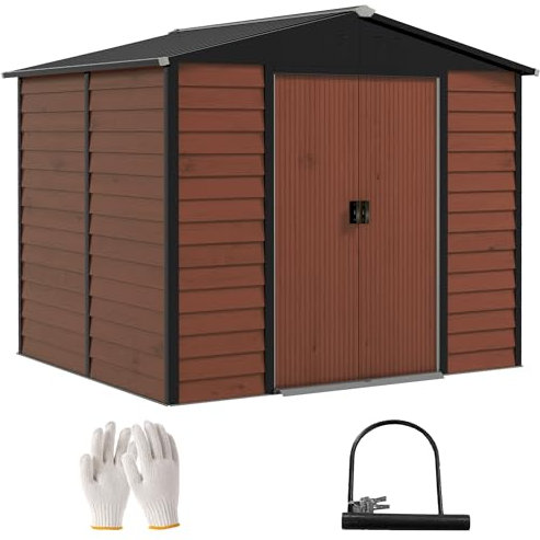 Outsunny Gerätehaus 4,4 m², Gartenhaus mit Pultdach, Schiebetür, Fundament, Einfach Montage 240 x 206 x 198 cm, Geräteschuppen aus Verzinkter Stahl, wetterfest, für Garten, Teak
