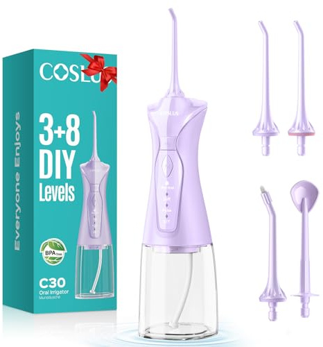 COSLUS Flosser dentale per acqua Pick per denti: 4 modalità cordless 300 ml serbatoio più grande portatile acqua pulitore pick IPX7 impermeabile filo interdentale macchina per casa viaggio FC5360