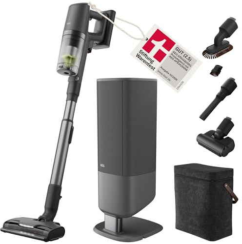 AEG Ultimate 8000 Akku Staubsauger mit Absaugstation, von Stiftung Warentest mit GUT (2,5), Auto‑Modus, 5‑Stufen‑Filtration, für Hartboden, Teppich, 25V Akku wechselbar, 400 ml, Dunkelgrau, AP83AB25DG
