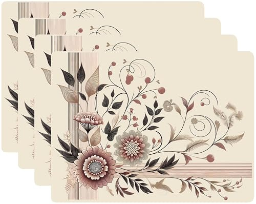Set of 4 Cork Backed Placemat, Kitchen and Dining Table Decoration Design Hard Placemat 12 x 16 (Maroon Floral)