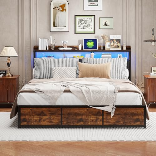 KRYZOR Bettgestell, 180 x 200 cm, mit Lattenrost, Doppelbett mit LED-Beleuchtung und Aufbewahrung, mit 4 Schubladen, für Erwachsene mit gepolstertem Kopfteil, Holz (180 x 200 cm)