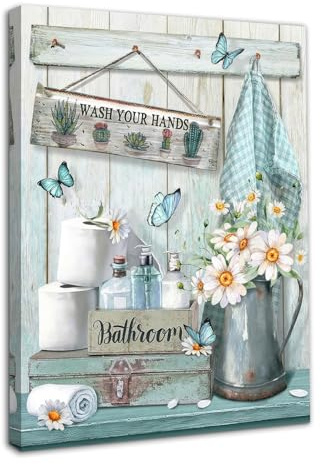 Dazzlewall Framed Farmhouse Bathroom Wall Art Decor, Rustic Teal Flower and Butterfly Pictures Wash Your Hands Sign Artwork for Bathroom 12x16 in
