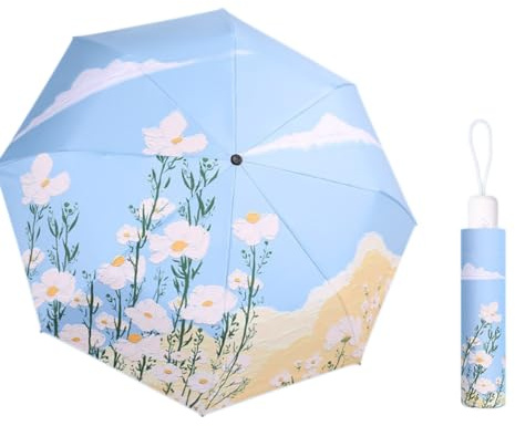 Maibar Folding Umbrellas UPF 50 Sun Umbrella SPF 50 3D Pattern Compact UV Protection Flower Small Umbrella for Women (White Flower, Auto Open Button)