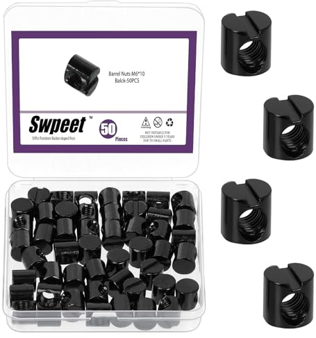 Swpeet 50 Piezas de Tuercas Barril Métricas M6×10mm Zincadas, Paquete de Pernos Travesaño Ranurados Negros, Tuercas Embutidas para Muebles, Herrajes de Repuesto para Camas, Cunas y Sillas