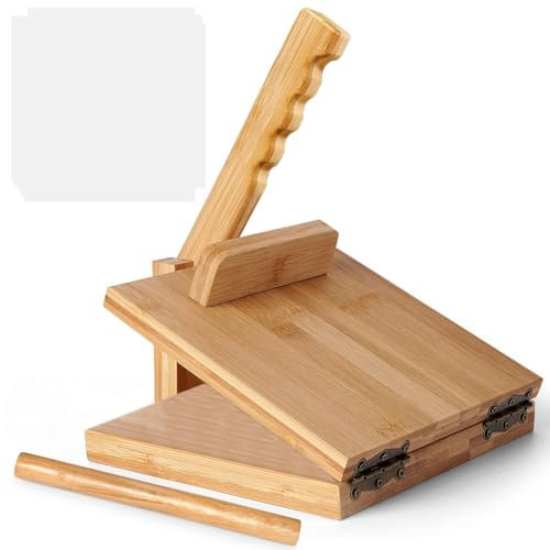 Tortilla-Roti-Maker mit Bambus-Nudelholz und 50 Pergamentpapieren, große Tortilla-Presse für hausgemachte Fladenbrote, Tacos und mehr, perfektes Küchenwerkzeug für authentisches Kochen, 25,4 cm
