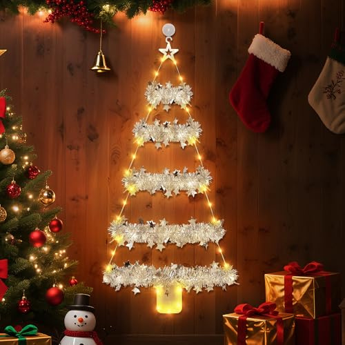 DazSpirit Luci a Scala di Natale, 88 cm Albero a Scala LED con Ghirlanda Lametta, 8 Modalità, Timer, Ganci, Luci di Natale a Batteria per Finestra Interno Esterno Festa, Parete, Porta (Bianco Caldo)