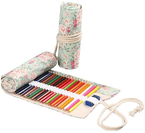 WUZIA Colorful 36-Hole Cloth Paintbrush Case Floral Pattern Canvas Roll-Up Storage Bag for Artists(Style 1-36 Holes)
