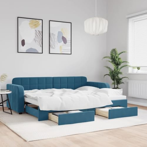 Teenpull blå sammet utdragbar dagsäng, 80 x 200 cm, med lådor, 2-i-1 säng för gäster, vardagsrumsmöbler, uppstoppad ram, plattformsbas.