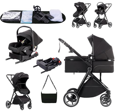 Zkipm 3-i-1 barnvagn med säte och bas, hopfällbar babysäng, dubbelriktad körning, justerbart liggande läge, stor utdragbar sufflett, upp till 15 kg, 0–3 år