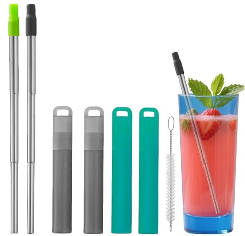 BAOWUABJ Reusable Metal Straws with Silicone Straw Mouth - 4 Pack | Food-grade 304 Stainless Steel, Cleaning Brush and Storage Case, Straw for Travel, Adjustable Length up to 21cm, 6mm Diameter