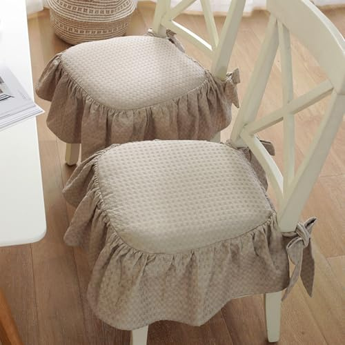 HUGDSB 2 Stück Sitzkissen aus Baumwolle mit Rüschenrock und Bändern, rutschfeste, weiche Stuhlauflage for den Innenbereich, geeignet for hölzerne Esszimmerstühle(Brown)