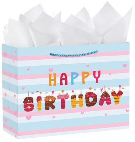 Ssyuysto 33 cm große Geburtstags-Geschenktüte mit Seidenpapier, wiederverwendbare Papier-Geschenktüte mit Griffen, Happy Birthday-Kuchen-Design, Buchstaben-Design für Kinder und Erwachsene, Party