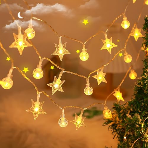 TaimeiMao Lichterkette Sterne Kugel Innen Außen 3-meter 20 LED Lichterkette | String Lights Weihnachten Batterie Timer Wasserdicht für Camping Schlafzimmer Hochzeit Geburtstag Weihnachtsdeko - Warmweiß