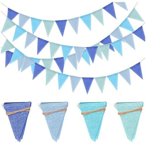 YAWYO 3er Set Outdoor Girlande, Banner aus Kunst-Leinen für Geburtstagsparty, Dreiecks-Baby-Girlande für Kinderzimmerdekoration (Blau)