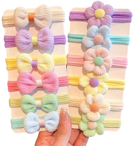 GILWUMO Set di 12 Pezzi di Elastici per Capelli, con Fiori e Fiocchi, Adatto per Ragazze e Bambini Piccoli (6 Colori diversi)