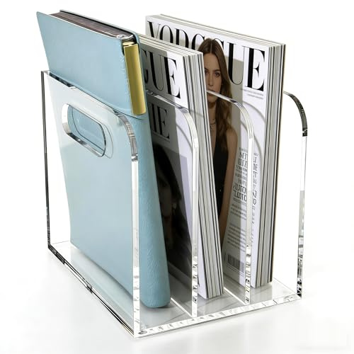 AIDIMOO Clear Acrylic Magazine File Holder, 3 Compartment Desk Organizer | 3 spacious vertical compartments hold magazines, files, books & more. Clear acrylic, non-slip base. No assembly, portable.