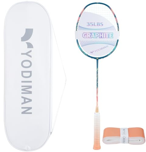 YODIMAN Single Professional Badminton Racket for Advanced Players - 50T Graphite Carbon Fiber with Aerodynamic Frame, Pre-Strung 26lbs, Ultra-Light 5U for Club & Tournament