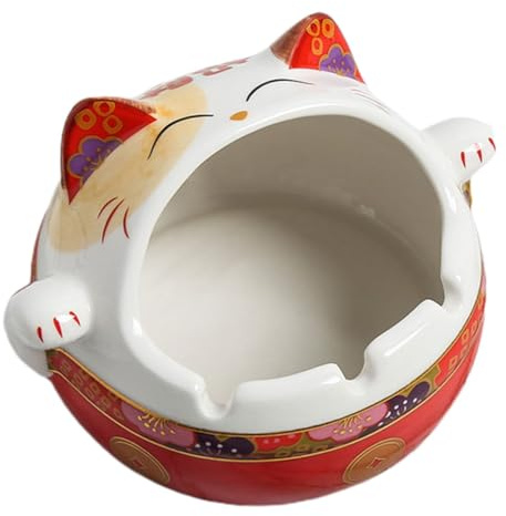 SMASOLO Cenicero de Cerámica Rojo del Gato Fortuna, Resistente al Fuego, Muesca en U para Cigarrillos, Adorno de Escritorio para Hogar y Oficina, Depósito Decorativo de Cenizas