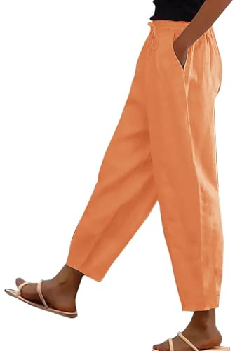Cotton Linen Trousers Womens Fashion Lightweight Capri Wide Leg Trousers High Elasticated Waist Drawstring Pants Casual Loose Plain Lounge Beach Pants Ladies Bottoms with Pockets Summer Joggers S-5XL