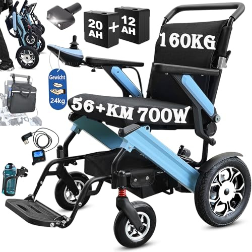 56+ KM Elektro Rollstuhl für Erwachsene, 700W Motorleistung Rollstuhl 160KG, Leichte Faltbare Allen Gelände Rollstühle mit 20AH & 12AH Li-Ion Batterie, Hinten Steuerung Enthalten, Led Licht, Rucksack