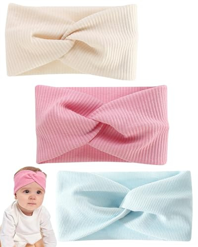 MOPZIJA 3 Piezas Diademas Bebé, Diadema Bebe Niñas, Diademas Bebe Recién Nacidos, Elásticas Suaves Diademas Niña, Banda para Cabeza para Niñas Bebé Pelo Accesorio,Rosa/Beige/Azul