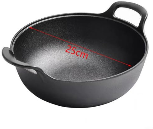 Lapiglo Per wok in ferro a doppia maniglia 25 cm per base piatta con coperchio in legno pentola senza cottura a gas piano cottura elettrico a induzione nero