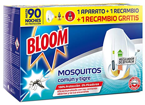 Bloom Insecticida Eléctrico Líquido Doble Eficacia (1 aparato + 2 recambios), insecticida eléctrico para mosquitos común y tigre, fórmula concentrada sin perfume