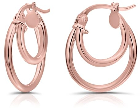 Rose Gold Flash Sterling Silver Double Circle Round-Tube Polished Hoop Earrings, 15mm