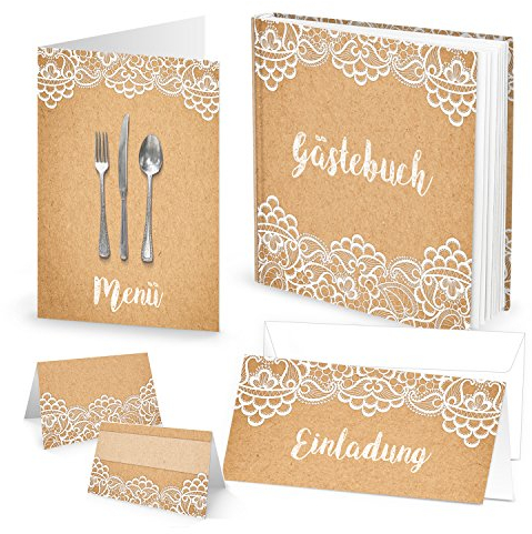 SET: 10 Menükarten + 25 Tischkarten Kraftpapier vintage Spitze PLUS GÄSTEBUCH + 10 EINLADUNGSKARTEN weiß beige creme-farben Tischdeko Hochzeit Kommunion Taufe Geburtstag