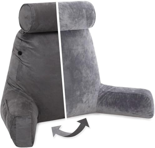 Husband Pillow XXL Reading & Bed Rest Pillows - Premium Memory Foam Backrest Pillow with Arms & Neck Roll - Aspen Edition Iron Grey - Reversible 2 Sided Cover with Plush Microfiber and Suede