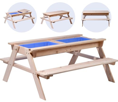 dobar® 94361FSCe Kinder Matschtisch Outdoor | Sand- und Wasserspieltisch inkl. 2 herausnehmbarer Matschkisten | Große Kindersitzgarnitur |4 Sitzplätze | 107 x 94 x 50,5 cm | Natur/Blau