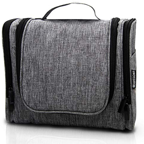 SWISSONA Kulturbeutel, Kulturtasche zum Aufhängen für Damen, Herren, Kinder, großzügige Waschtasche für Reisen + Freizeit, inkl. Kosmetikspiegel und 1-Liter-Transparenttasche, 7 Liter Stauraum Grau