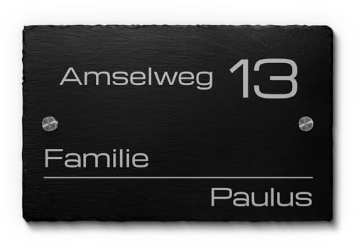 Schiefer Türschilder mit Gravur | Hausnummer inklusive zwei Abstandshaltern - edles Hausnummernschild aus Naturschiefer - Größe 22x14 cm
