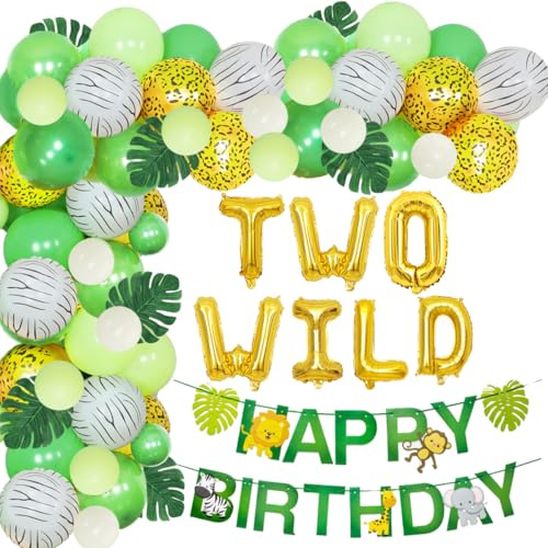 Dschungel Geburtstags Dekorations Junge, Safari Tiere Luftballons Garland Arch Kit, TWO WILD & Happy Birthday Banner für Kinder 2. Geburtstagsfeier Zubehör