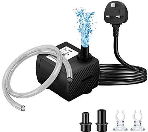 OPDUO 5W Submersible Pump(95 GPH, 350L/H),Ultra Quiet Water Pump Fountain Pump with 6.23ft Power Cord,3.3 Feet Tubing,2 Suction Cup Clips,2 Nozzles for Fish Tank,Pond,Aquarium,Statuary, Hydroponics
