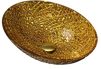 LWX Badezimmer-Aufsatzwaschbecken, Ovales Glaswaschbecken-Set, Für Zuhause, Hotel, Restaurant,Gold 3 Accessories